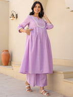 Janasya Bright Dobby Cotton Yoke Embroidery A-Line Kurta Set | Grocsy