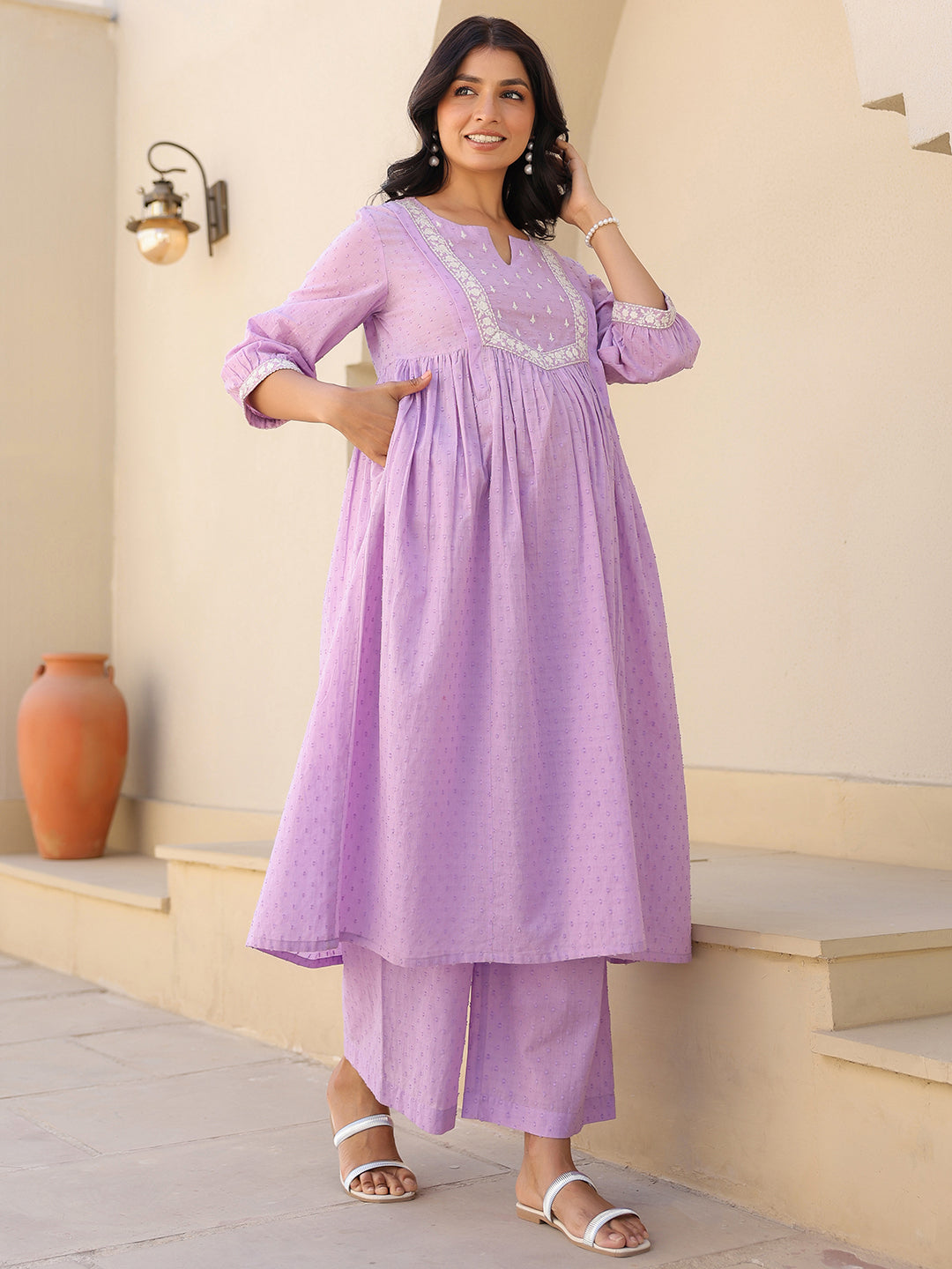 Janasya Bright Dobby Cotton Yoke Embroidery A-Line Kurta Set | Grocsy