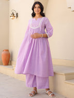 Janasya Bright Dobby Cotton Yoke Embroidery A-Line Kurta Set | Grocsy