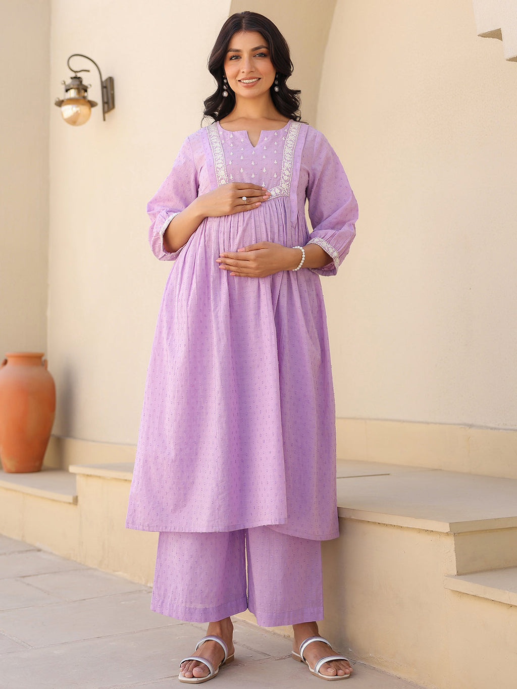 Janasya Bright Dobby Cotton Yoke Embroidery A-Line Kurta Set | Grocsy