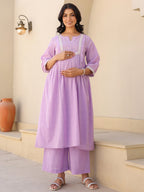 Janasya Bright Dobby Cotton Yoke Embroidery A-Line Kurta Set | Grocsy