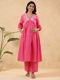Janasya Light Dobby Cotton Yoke Embroidery A-Line Kurta Set | Grocsy