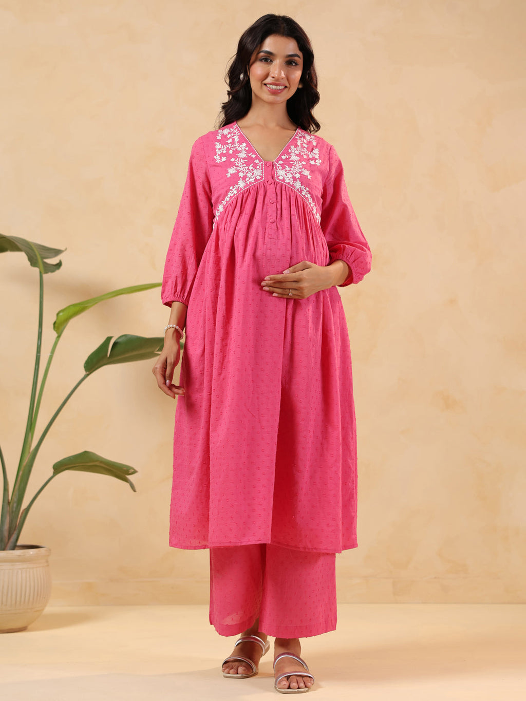 Janasya Light Dobby Cotton Yoke Embroidery A-Line Kurta Set | Grocsy