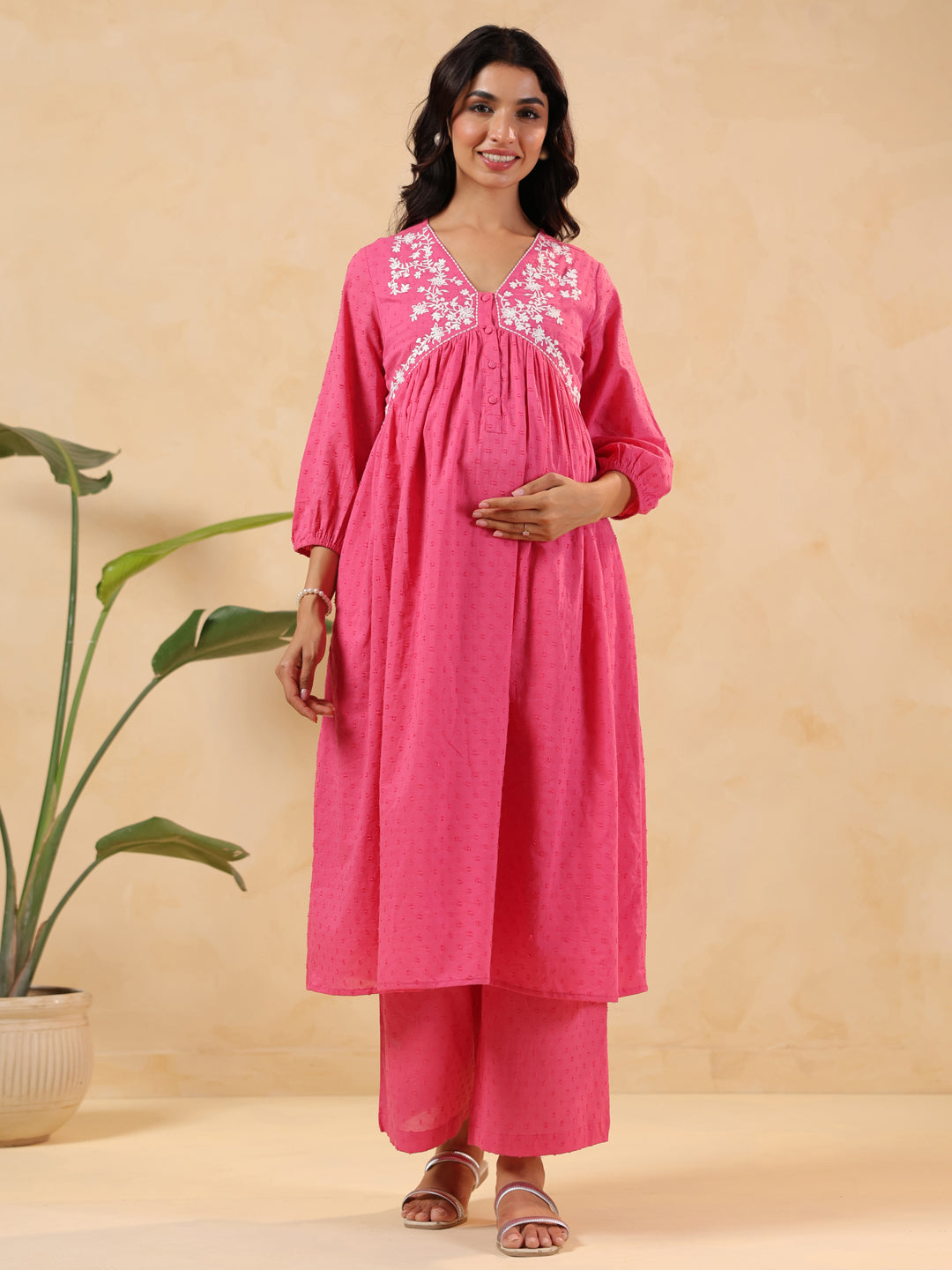 Janasya Light Dobby Cotton Yoke Embroidery A-Line Kurta Set | Grocsy