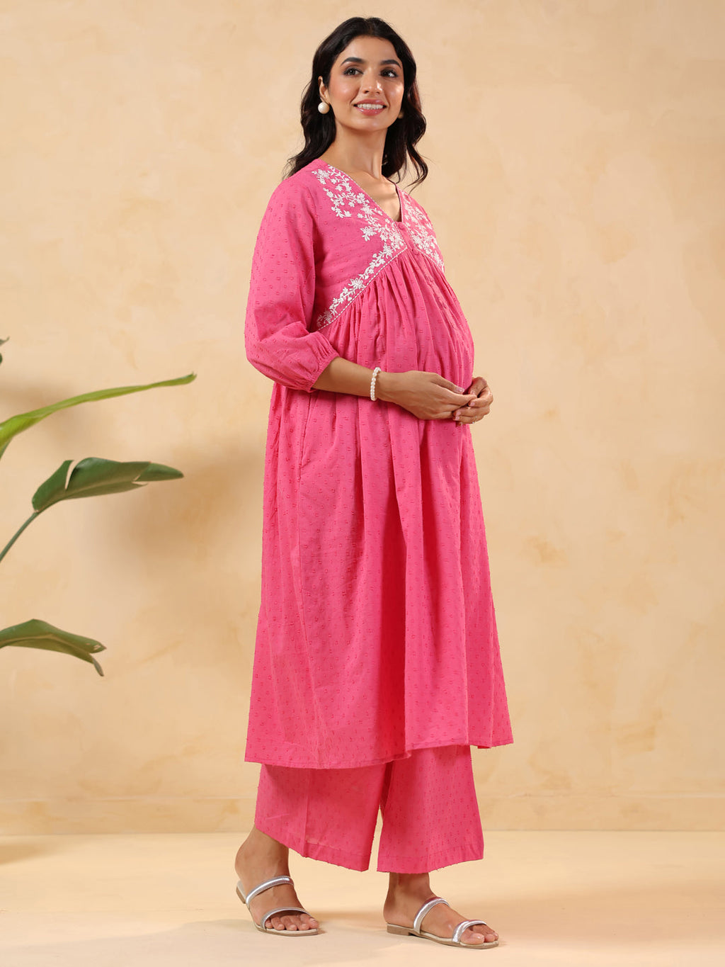 Janasya Light Dobby Cotton Yoke Embroidery A-Line Kurta Set | Grocsy