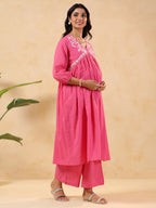 Janasya Light Dobby Cotton Yoke Embroidery A-Line Kurta Set | Grocsy