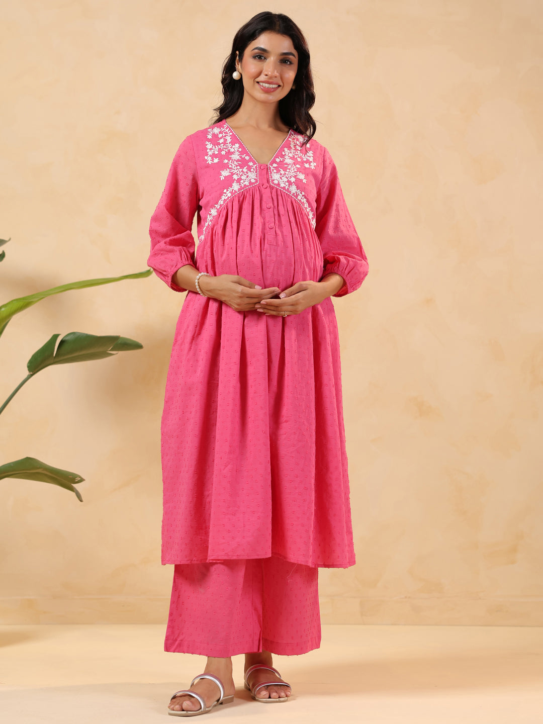 Janasya Light Dobby Cotton Yoke Embroidery A-Line Kurta Set | Grocsy