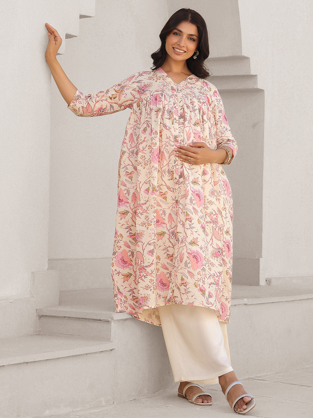 Janasya Light Cotton Floral A-Line Kurta | Grocsy