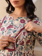 Janasya Dark Cotton Floral Gathered Kurta | Grocsy