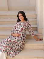 Janasya Dark Cotton Floral Gathered Kurta | Grocsy