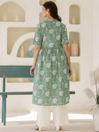 Janasya Dark Cotton Floral A-Line Kurta | Grocsy