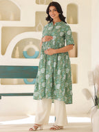Janasya Dark Cotton Floral A-Line Kurta | Grocsy
