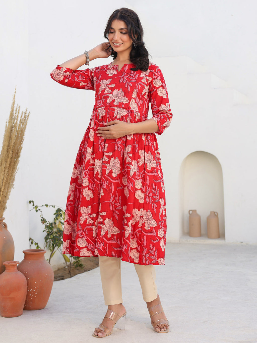 Janasya Dark Cotton Floral A-Line Kurta | Grocsy