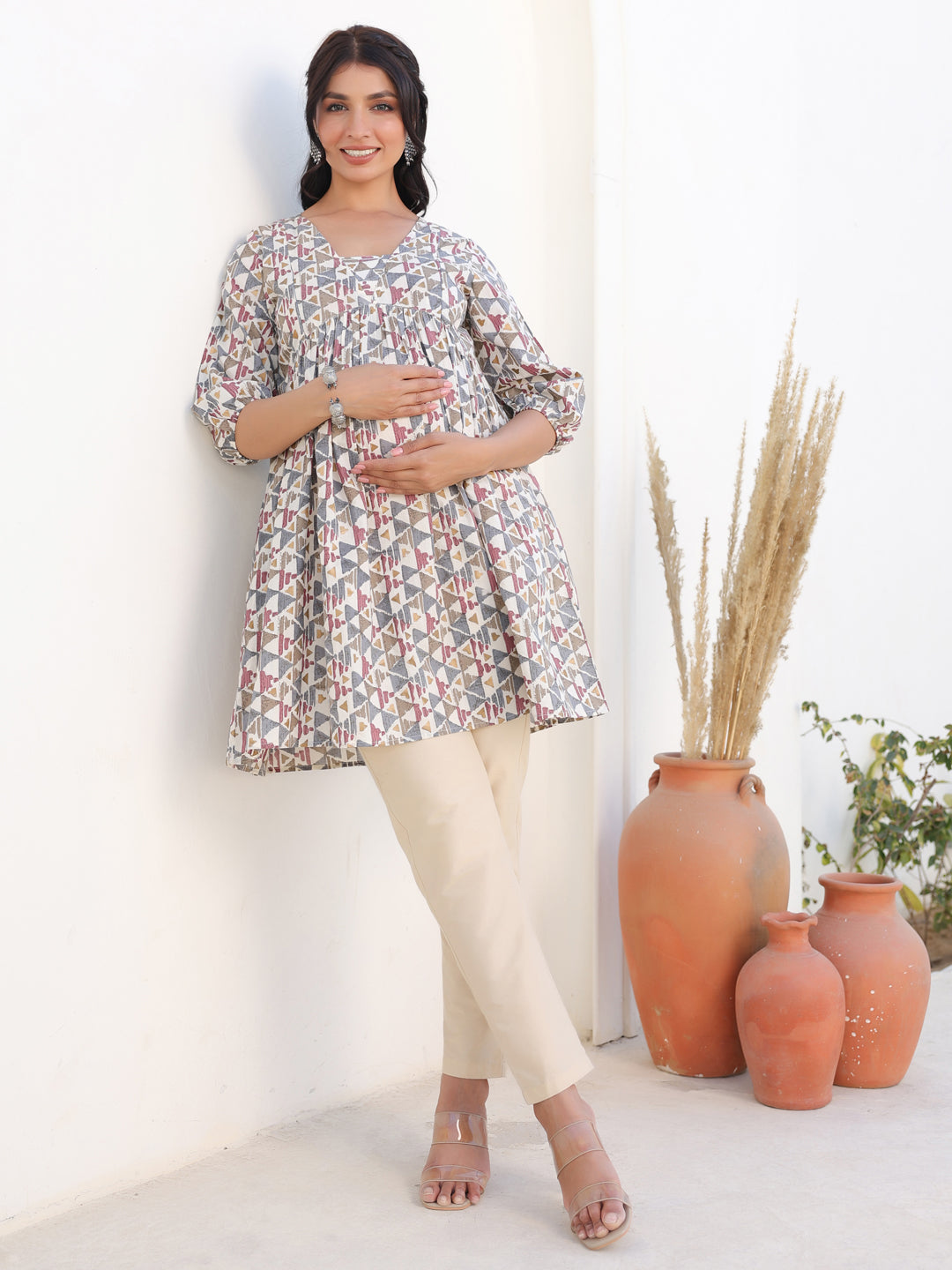 Janasya Light Cotton Geometric A-Line Tunic | Grocsy