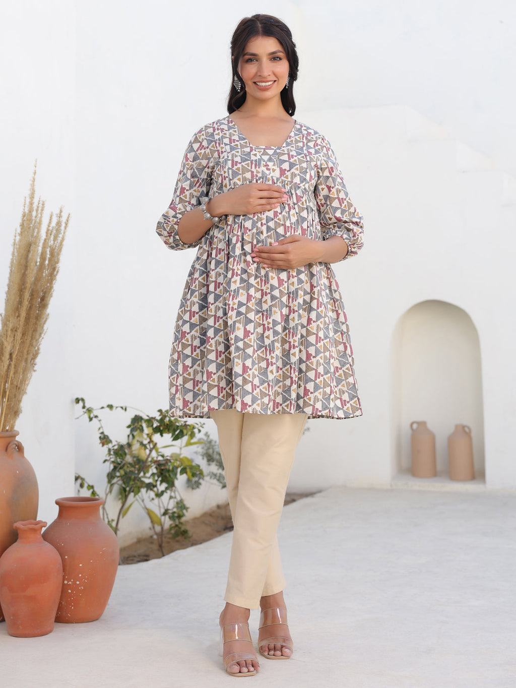 Janasya Light Cotton Geometric A-Line Tunic | Grocsy
