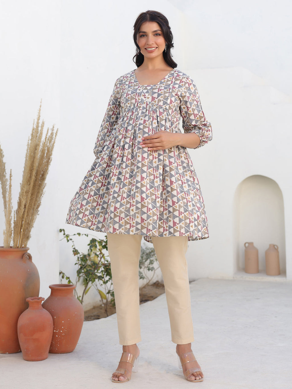 Janasya Light Cotton Geometric A-Line Tunic | Grocsy