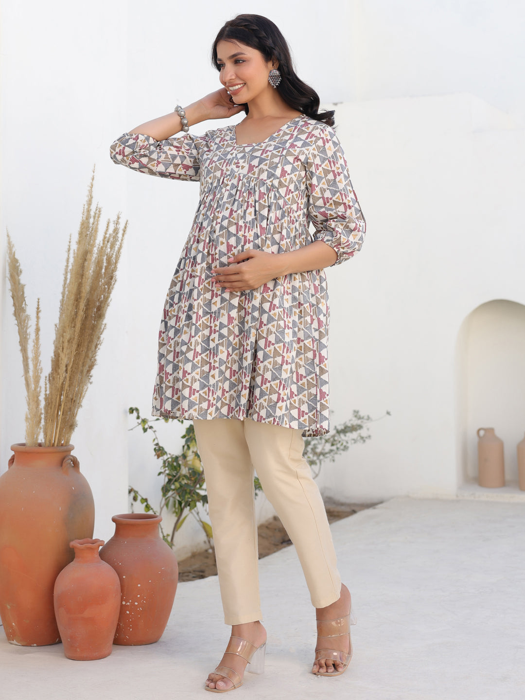 Janasya Light Cotton Geometric A-Line Tunic | Grocsy