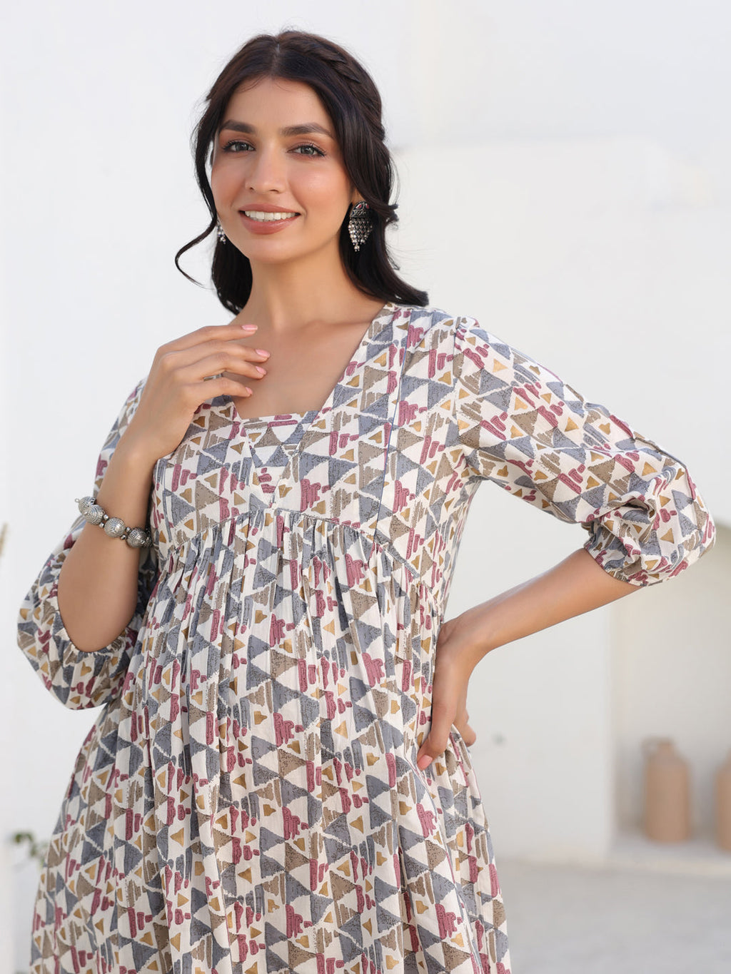 Janasya Light Cotton Geometric A-Line Tunic | Grocsy