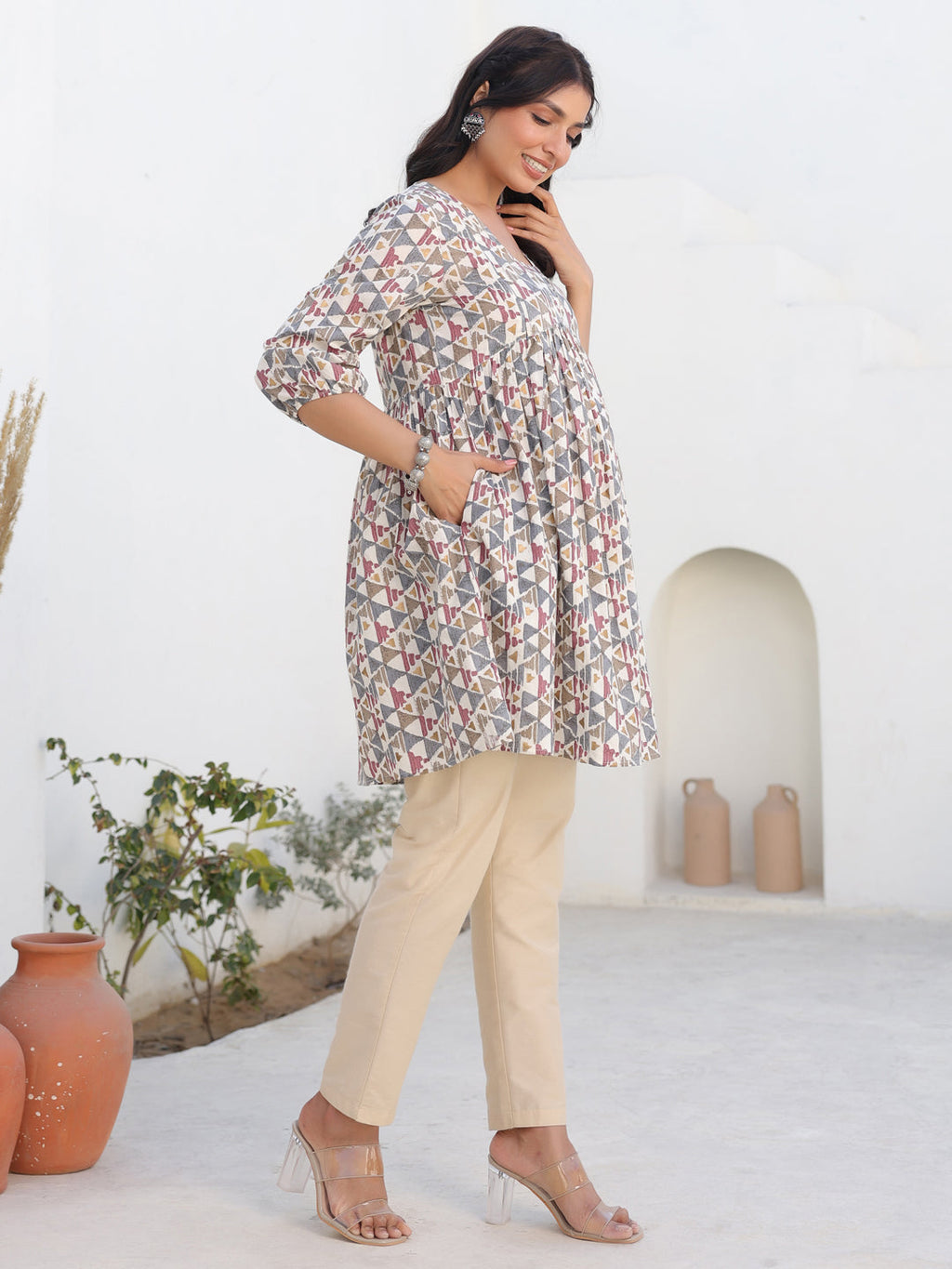 Janasya Light Cotton Geometric A-Line Tunic | Grocsy