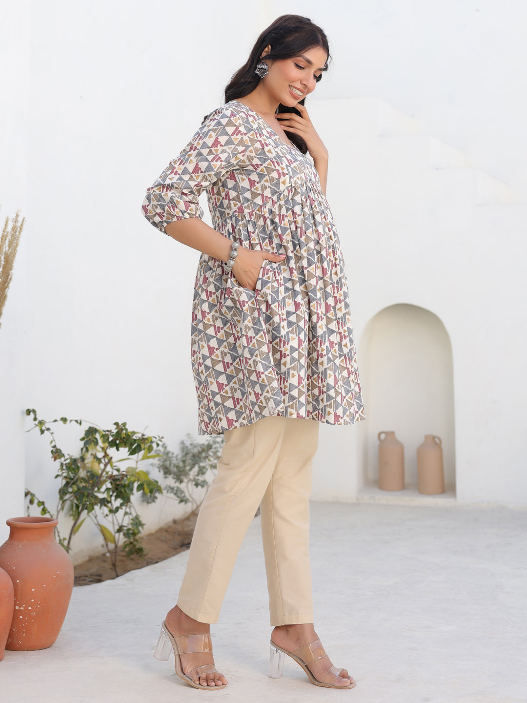 Janasya Light Cotton Geometric A-Line Tunic | Grocsy