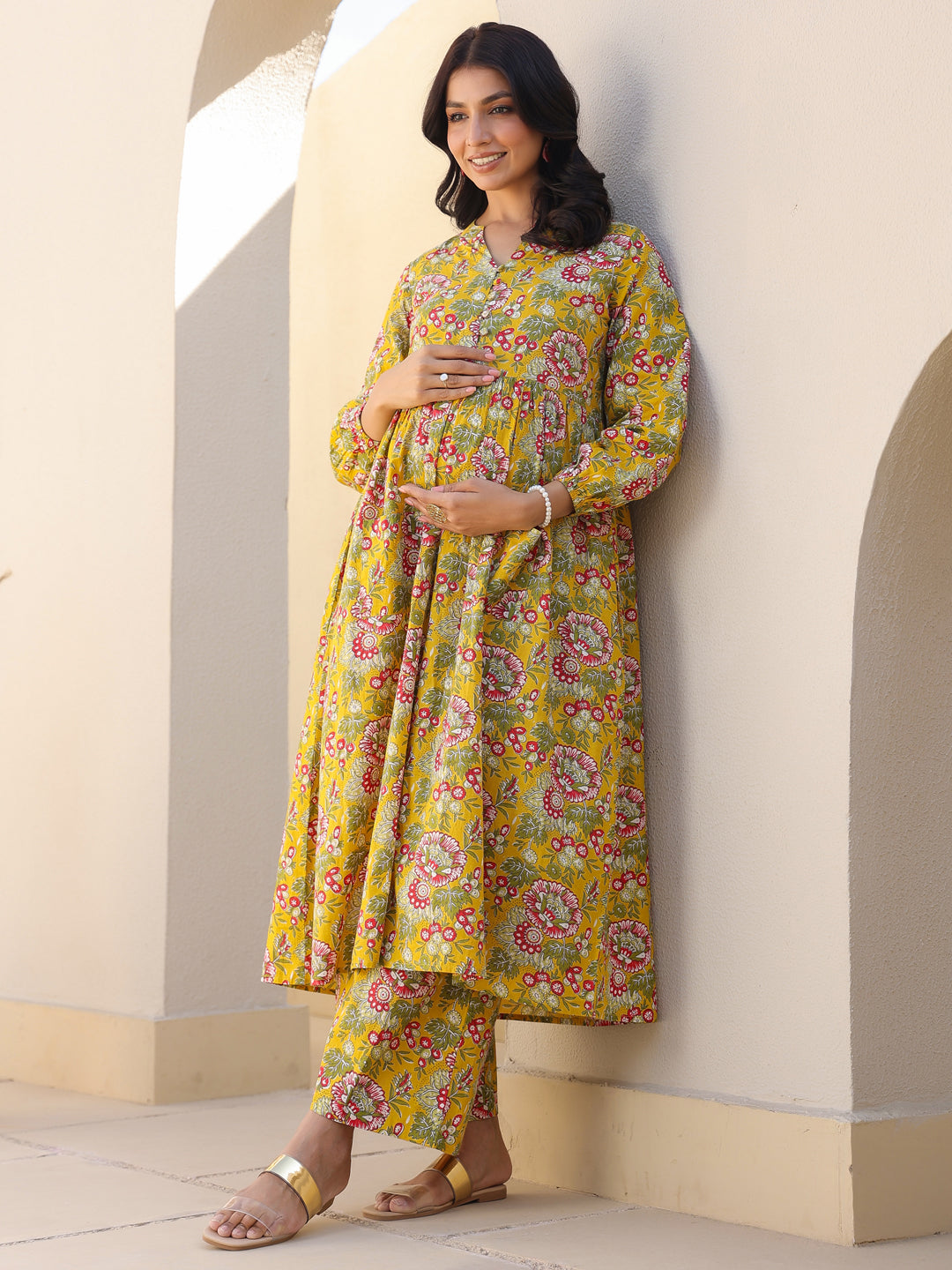Janasya Bright Cotton Floral A-Line Kurta Set | Grocsy