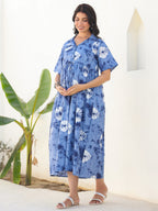 Janasya Dark Cotton Tie & dye Gathered Dress | Grocsy