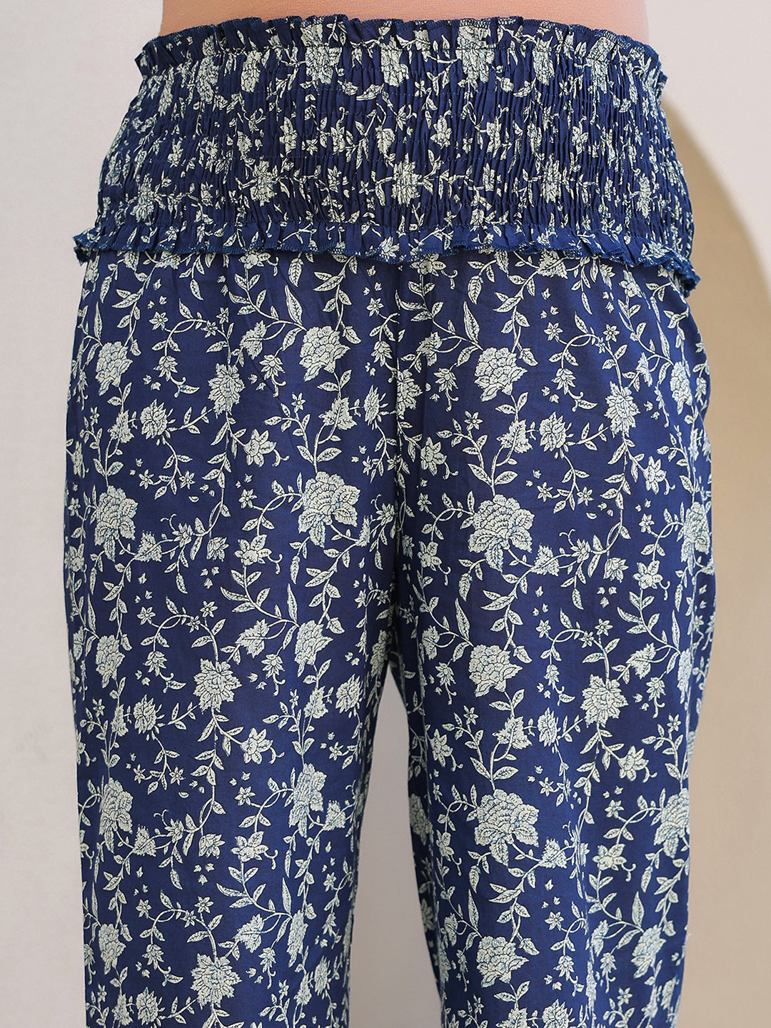 Janasya Dark Cotton Floral Gathered Top & Bottom Set | Grocsy
