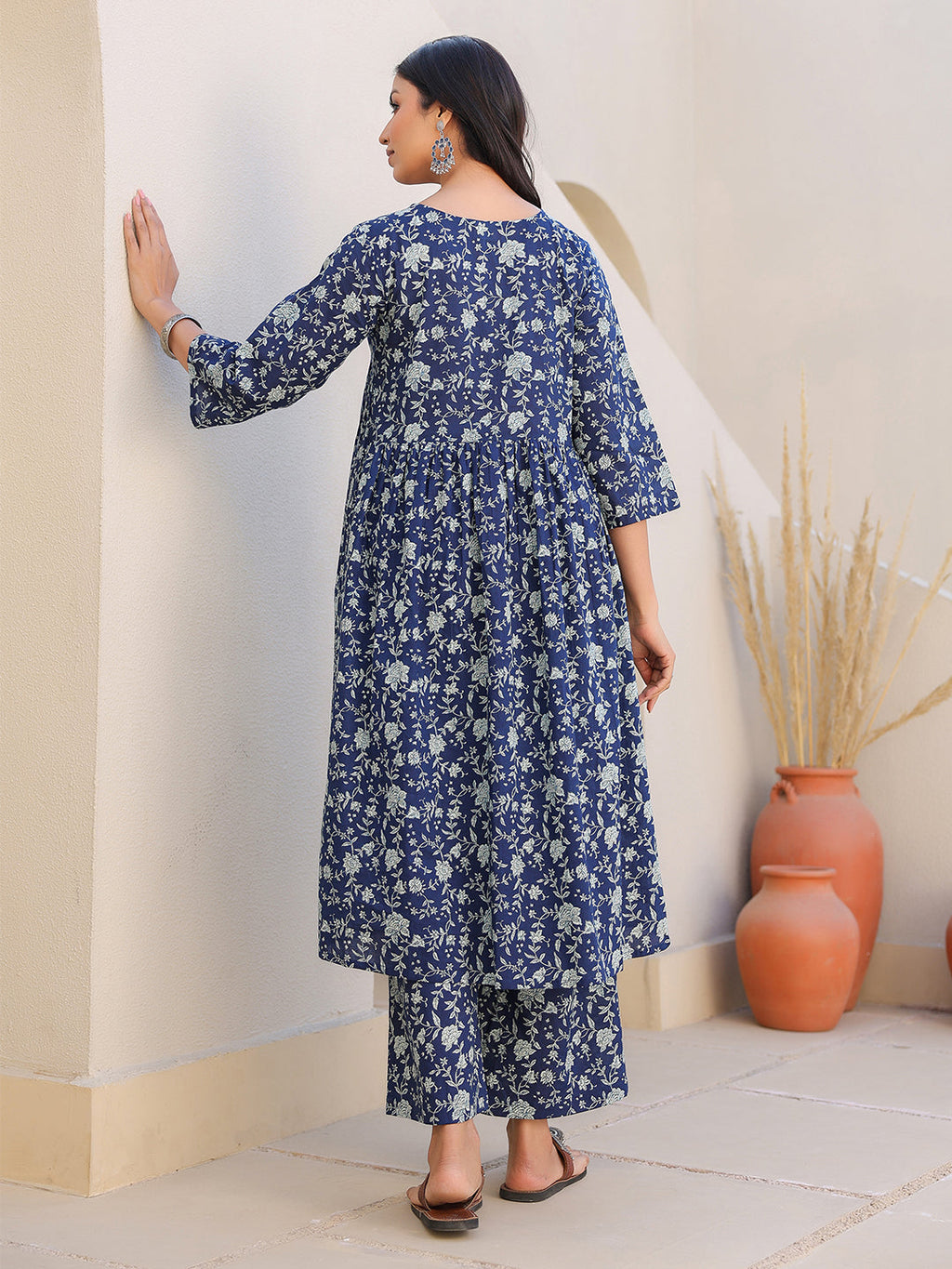 Janasya Dark Cotton Floral Gathered Top & Bottom Set | Grocsy