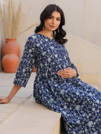 Janasya Dark Cotton Floral Gathered Top & Bottom Set | Grocsy