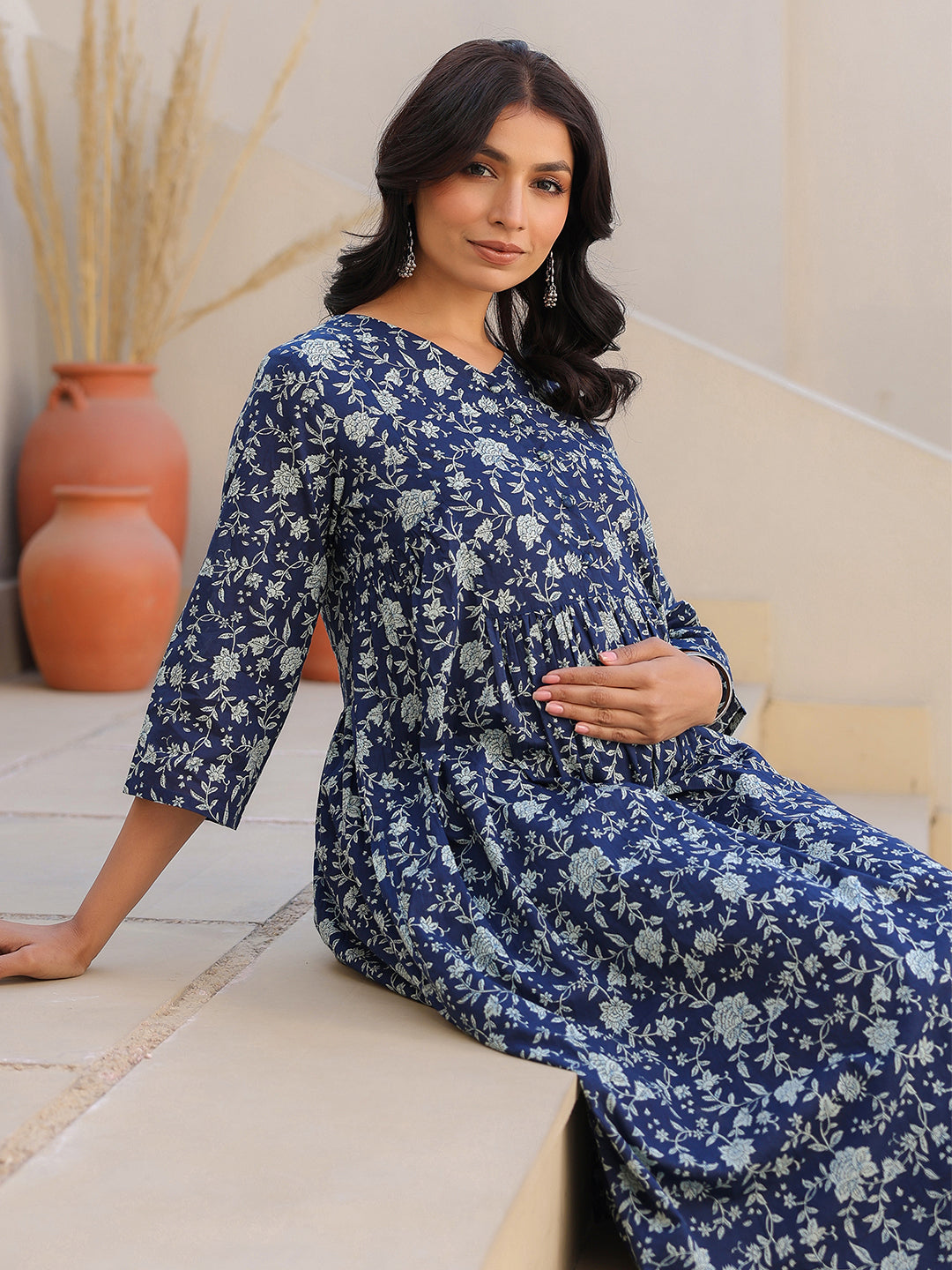 Janasya Dark Cotton Floral Gathered Top & Bottom Set | Grocsy