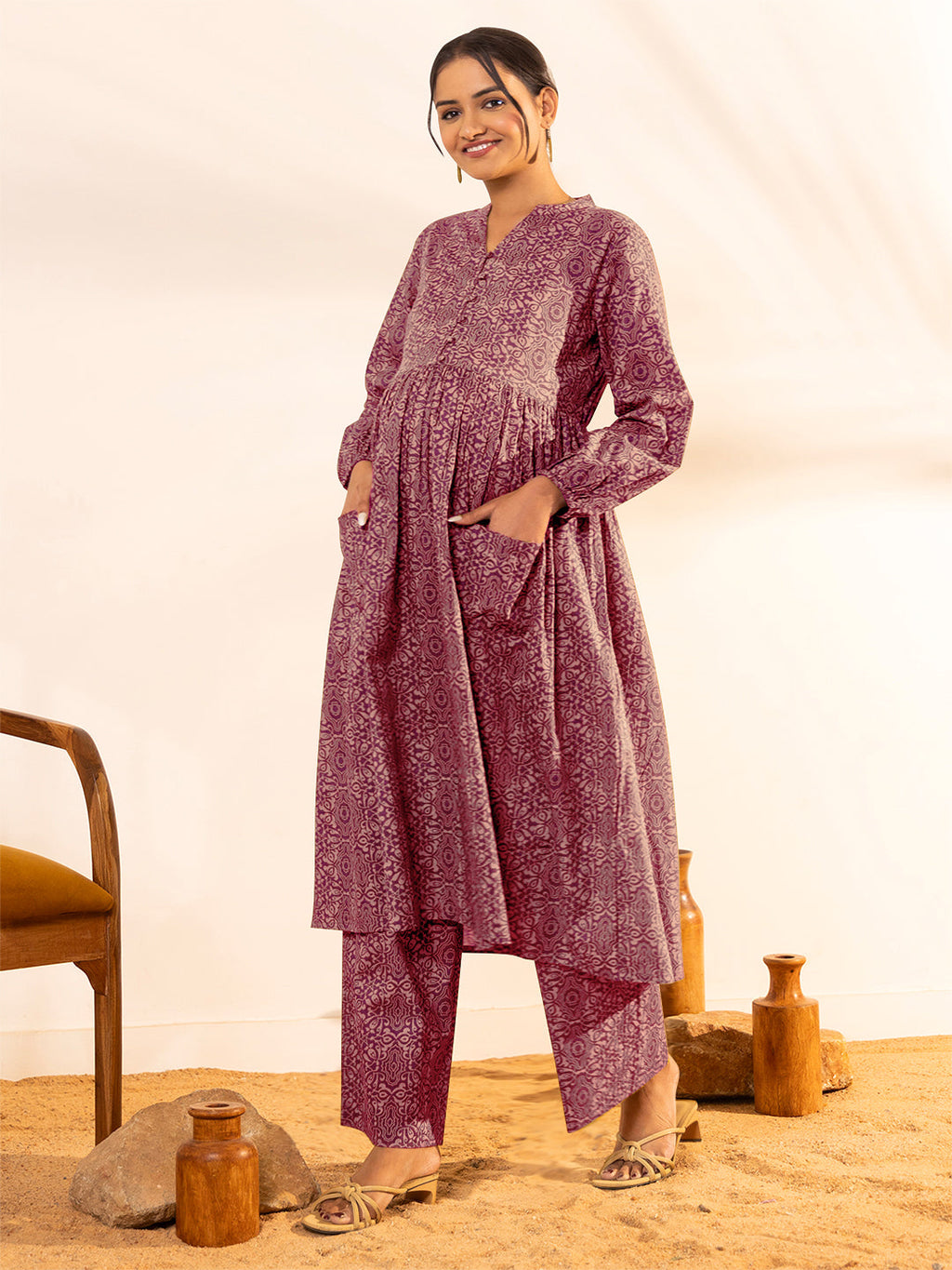Janasya Dark Cotton Ethnic Motifs A-Line Kurta Set | Grocsy