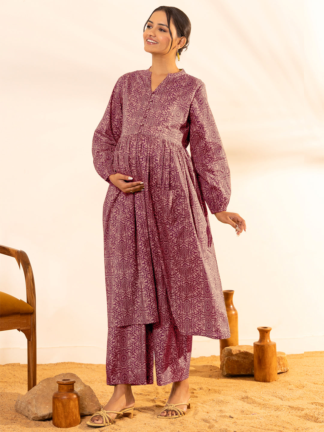 Janasya Dark Cotton Ethnic Motifs A-Line Kurta Set | Grocsy