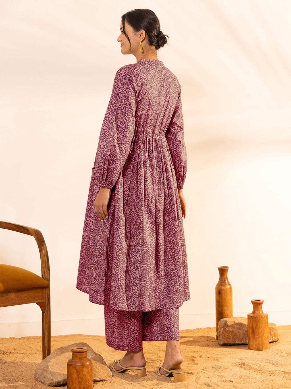 Janasya Dark Cotton Ethnic Motifs A-Line Kurta Set | Grocsy