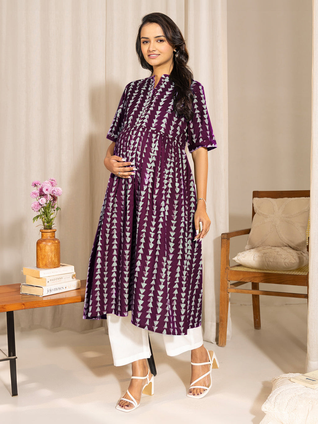Janasya Dark Cotton Geometric A-Line Kurta | Grocsy