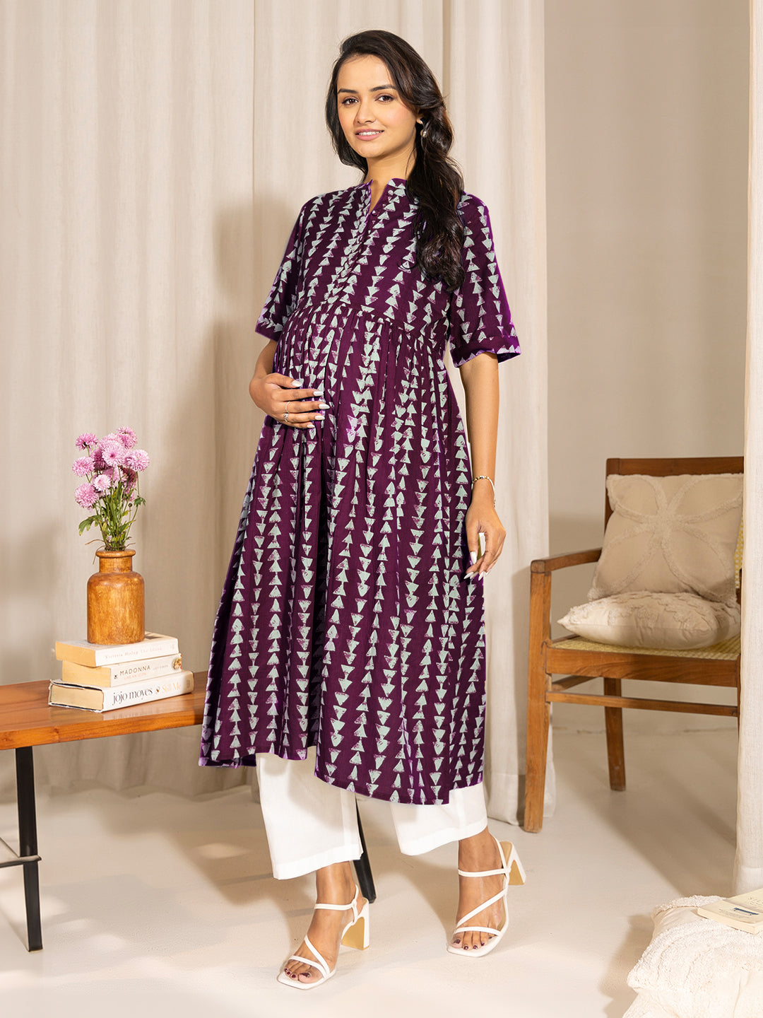 Janasya Dark Cotton Geometric A-Line Kurta | Grocsy