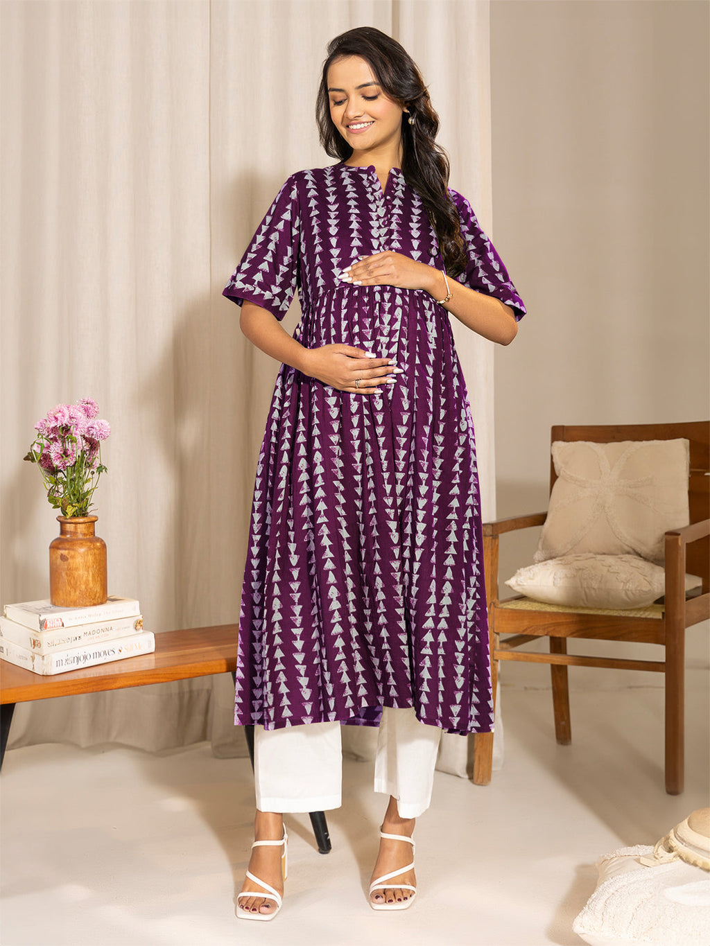 Janasya Dark Cotton Geometric A-Line Kurta | Grocsy