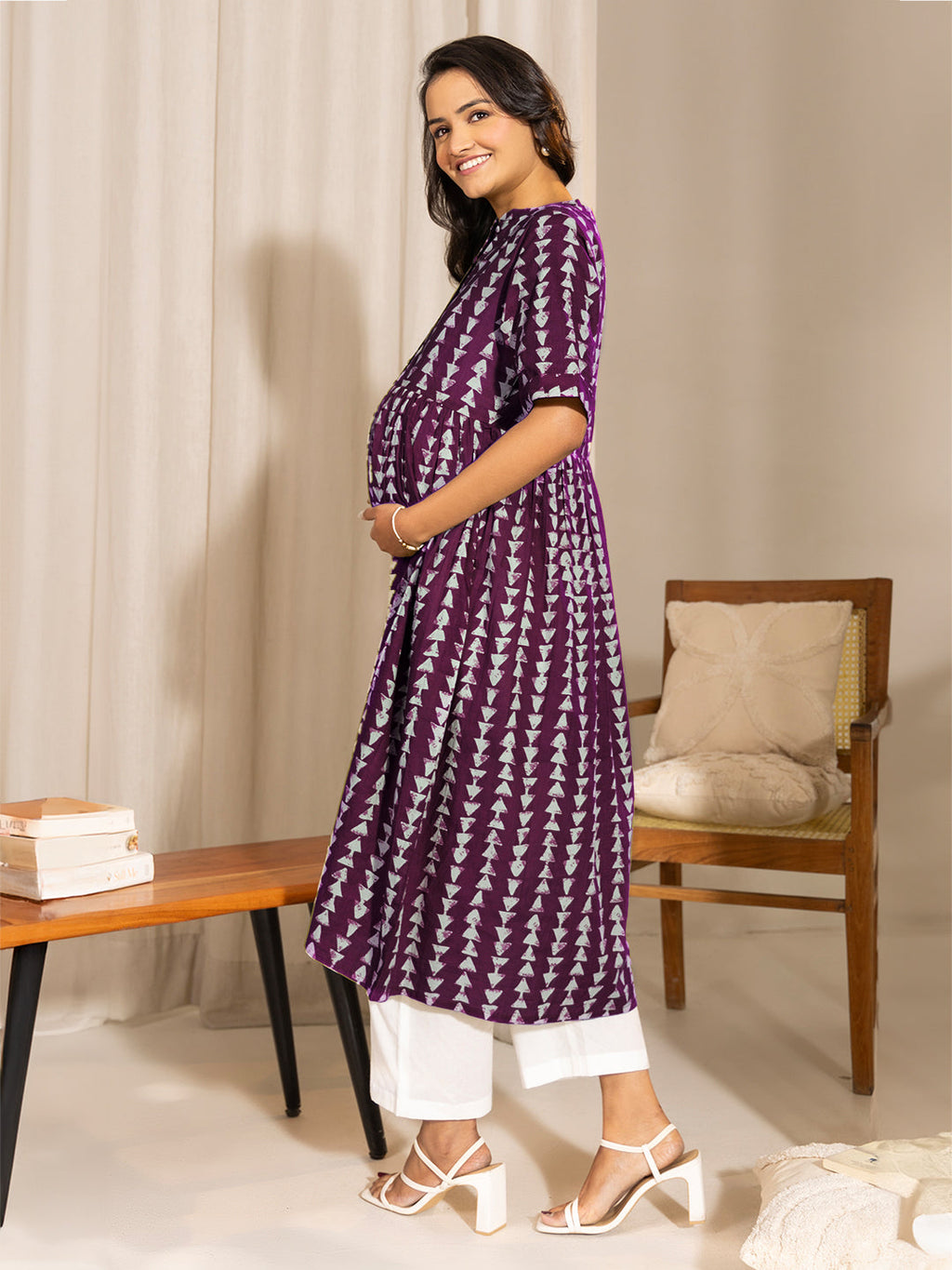 Janasya Dark Cotton Geometric A-Line Kurta | Grocsy