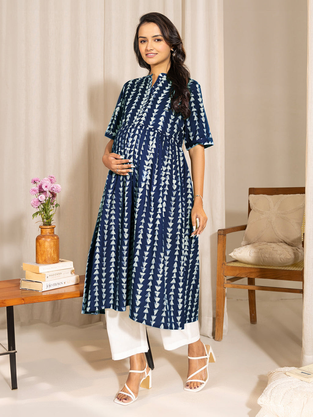 Janasya Dark Cotton Geometric A-Line Kurta | Grocsy