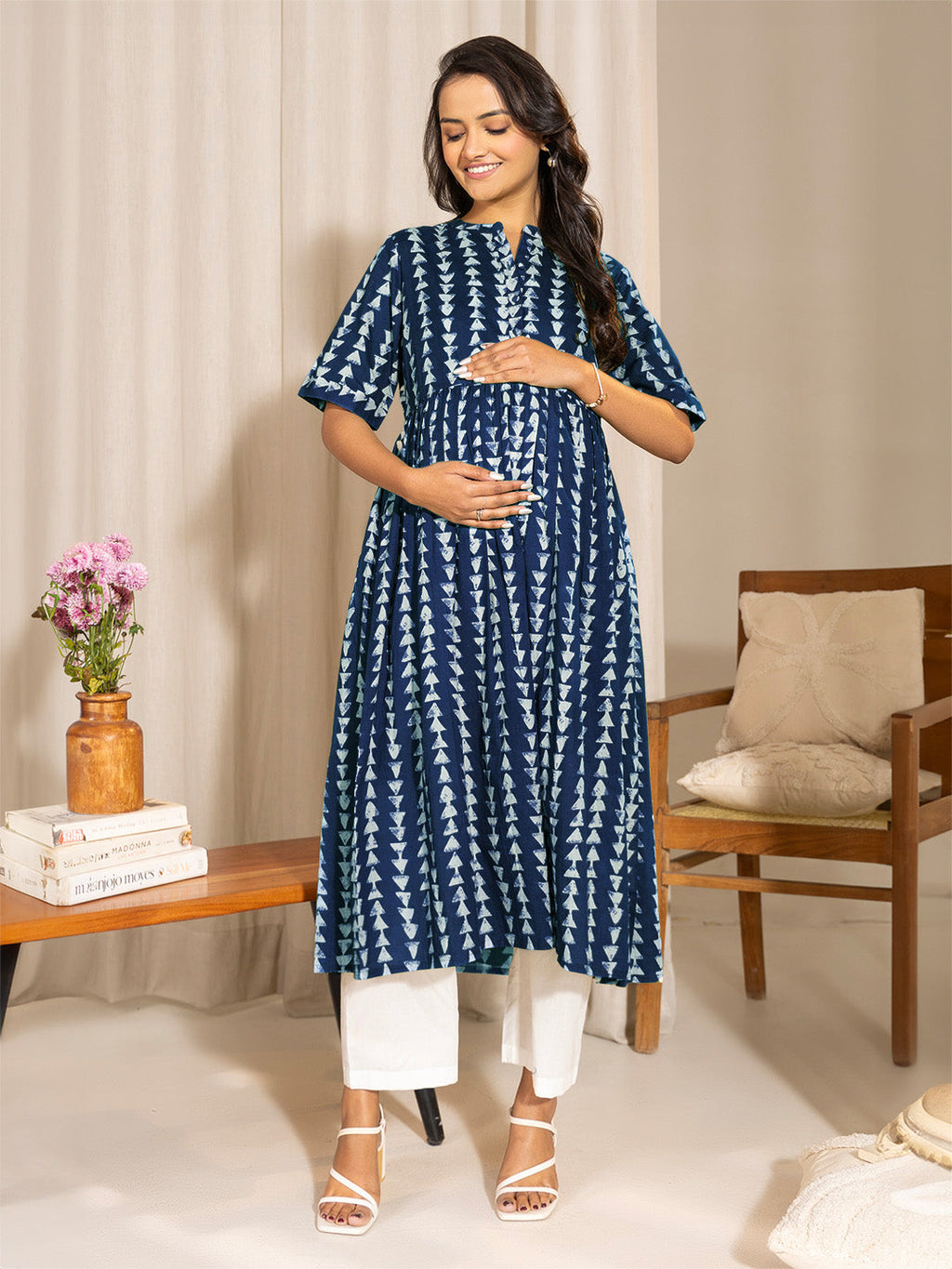 Janasya Dark Cotton Geometric A-Line Kurta | Grocsy