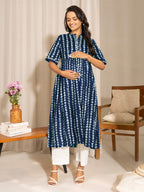 Janasya Dark Cotton Geometric A-Line Kurta | Grocsy
