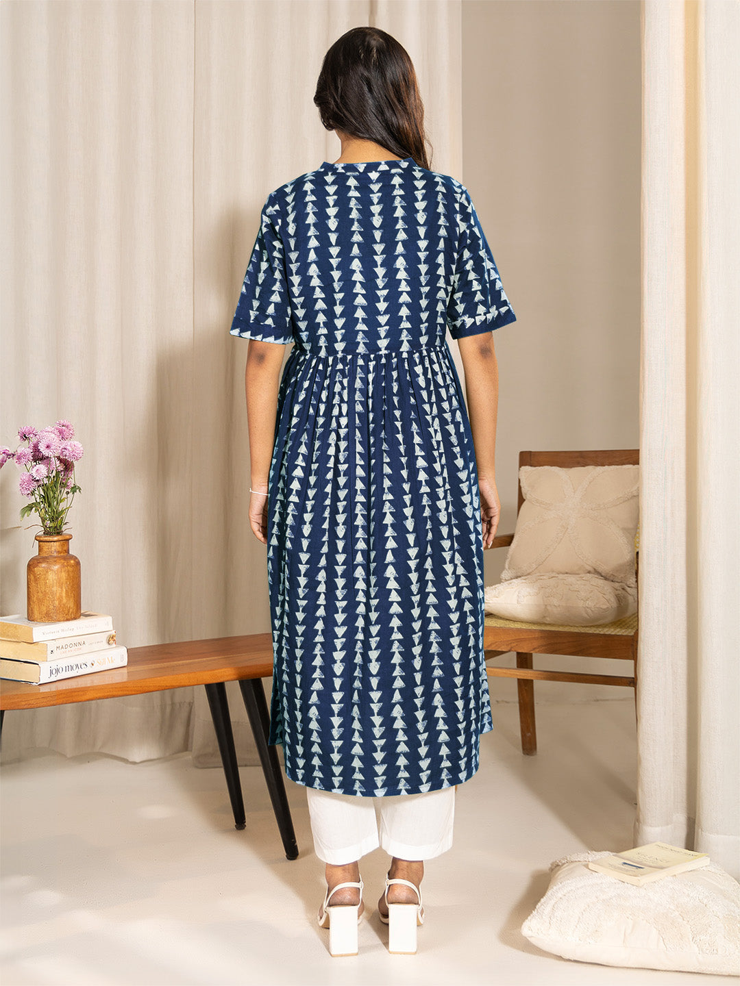 Janasya Dark Cotton Geometric A-Line Kurta | Grocsy