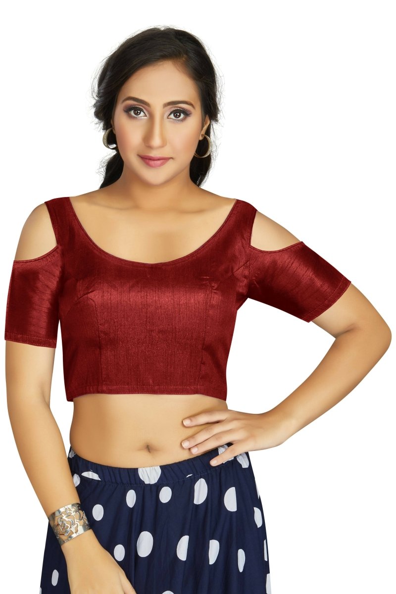 Aastha Fashion Women's Maroon Art Silk Cold Shoulder Sleeve Readymade Blouse | Grocsy