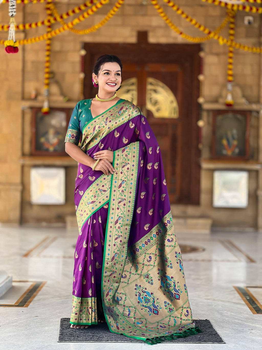 Mameraa Sarees Wine Faux Banarasi Silk Saree With Paithani Rich Weaved Pallu And Blouse-Wine | Grocsy