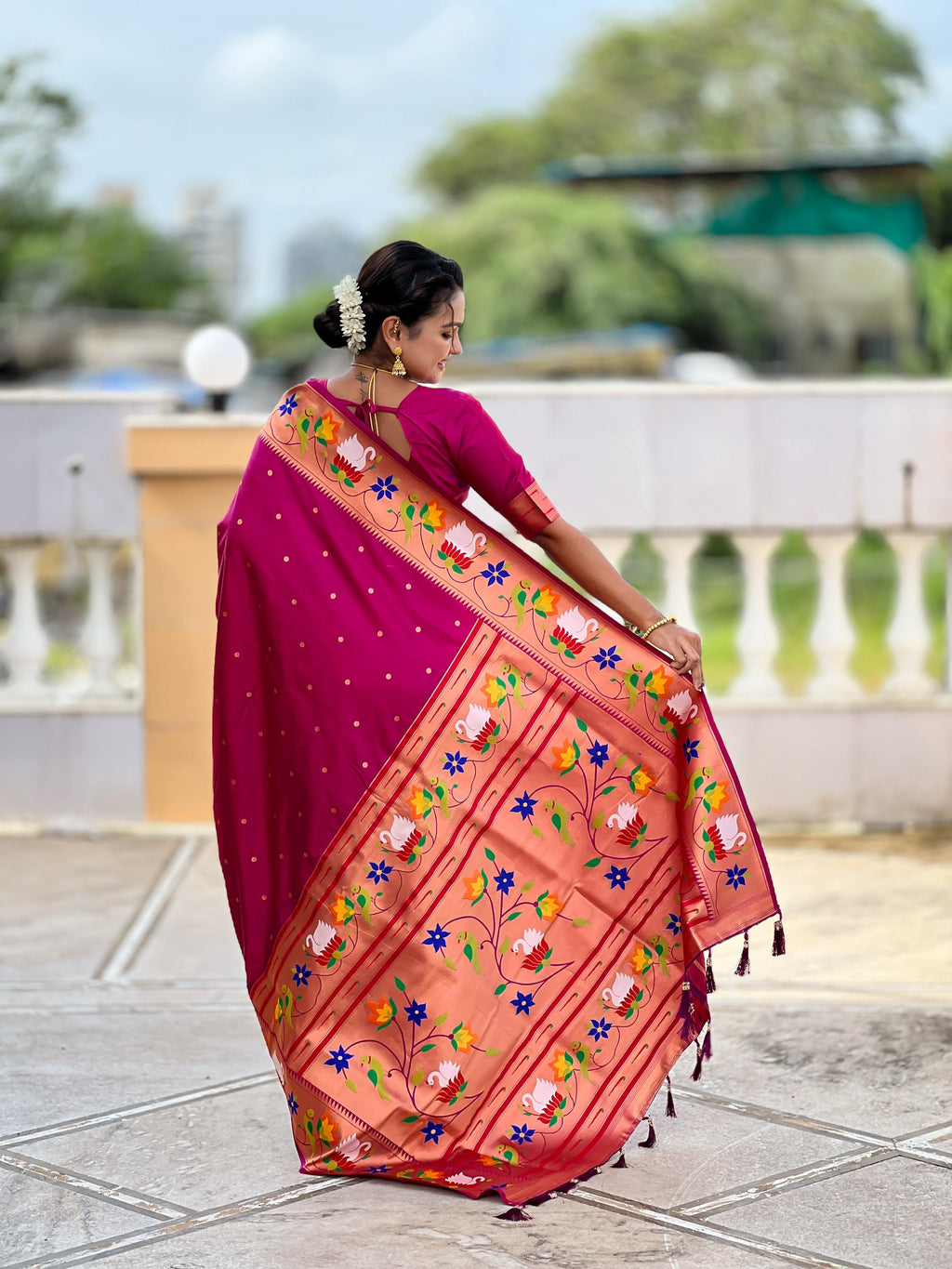 Mameraa Sarees Wine Faux Banarasi Silk Saree With Paithani Rich Weaved Pallu And Blouse-Wine | Grocsy