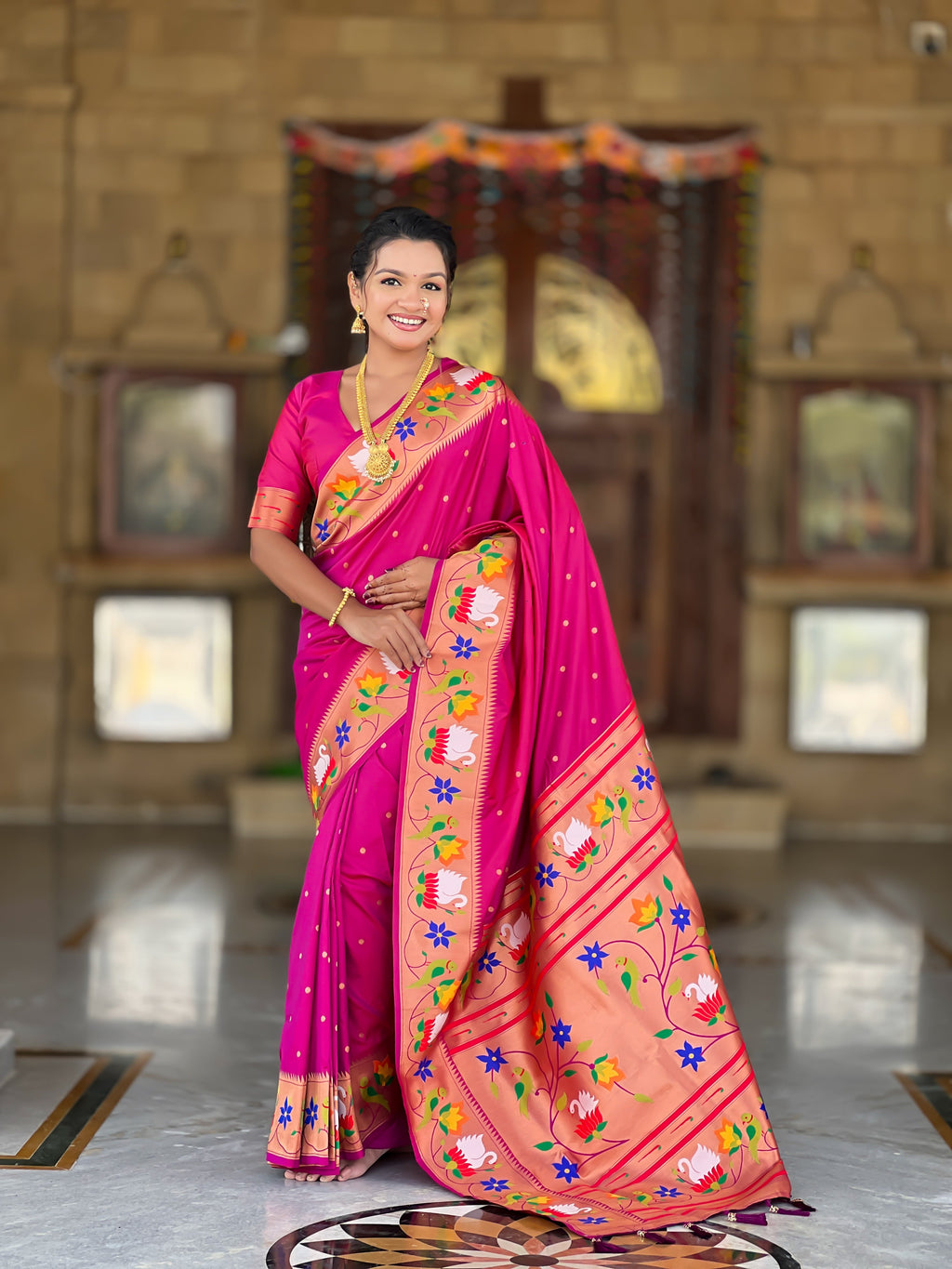 Mameraa Sarees Wine Faux Banarasi Silk Saree With Paithani Rich Weaved Pallu And Blouse-Wine | Grocsy