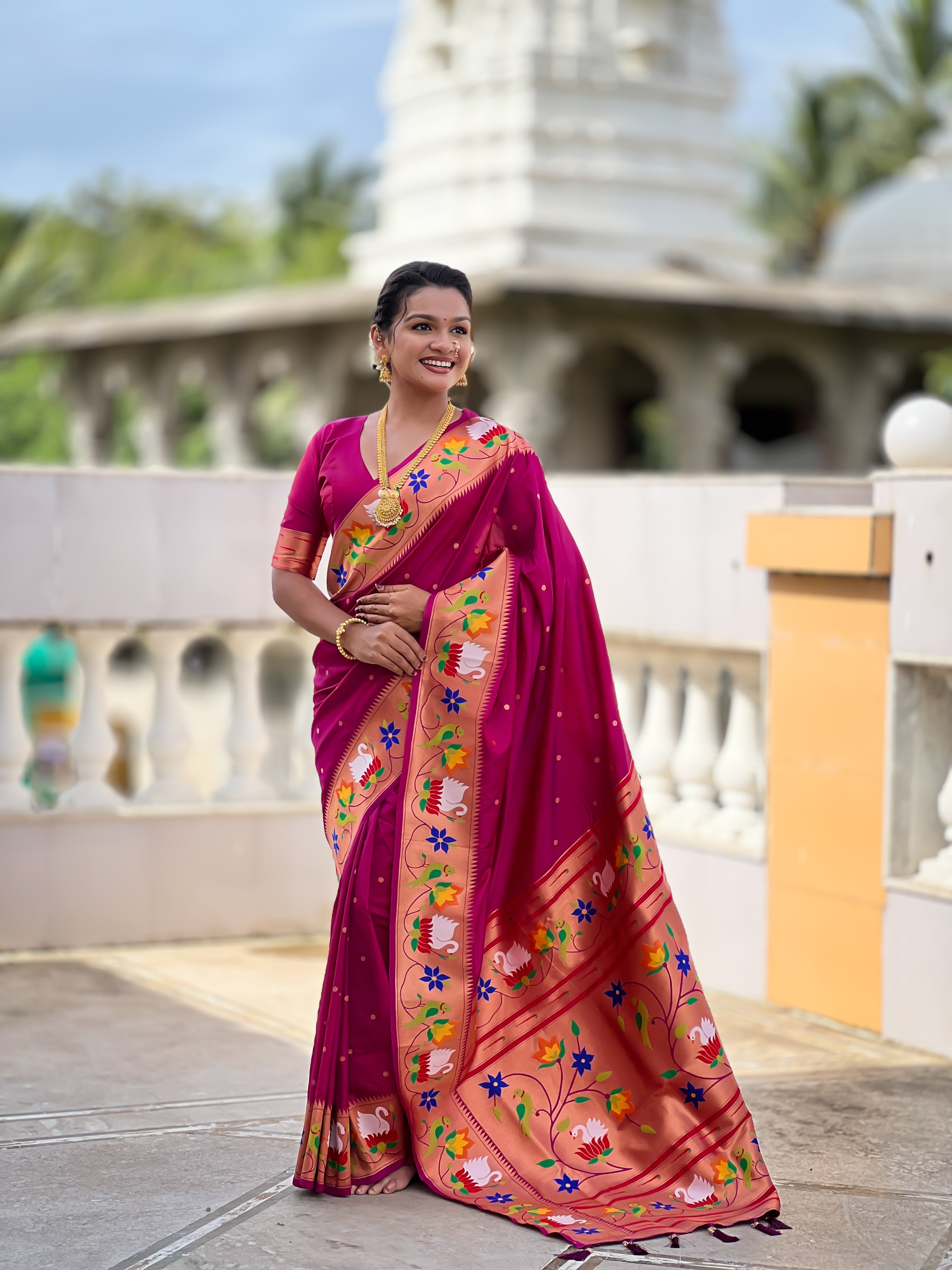 Mameraa Sarees Wine Faux Banarasi Silk Saree With Paithani Rich Weaved Pallu And Blouse-Wine | Grocsy