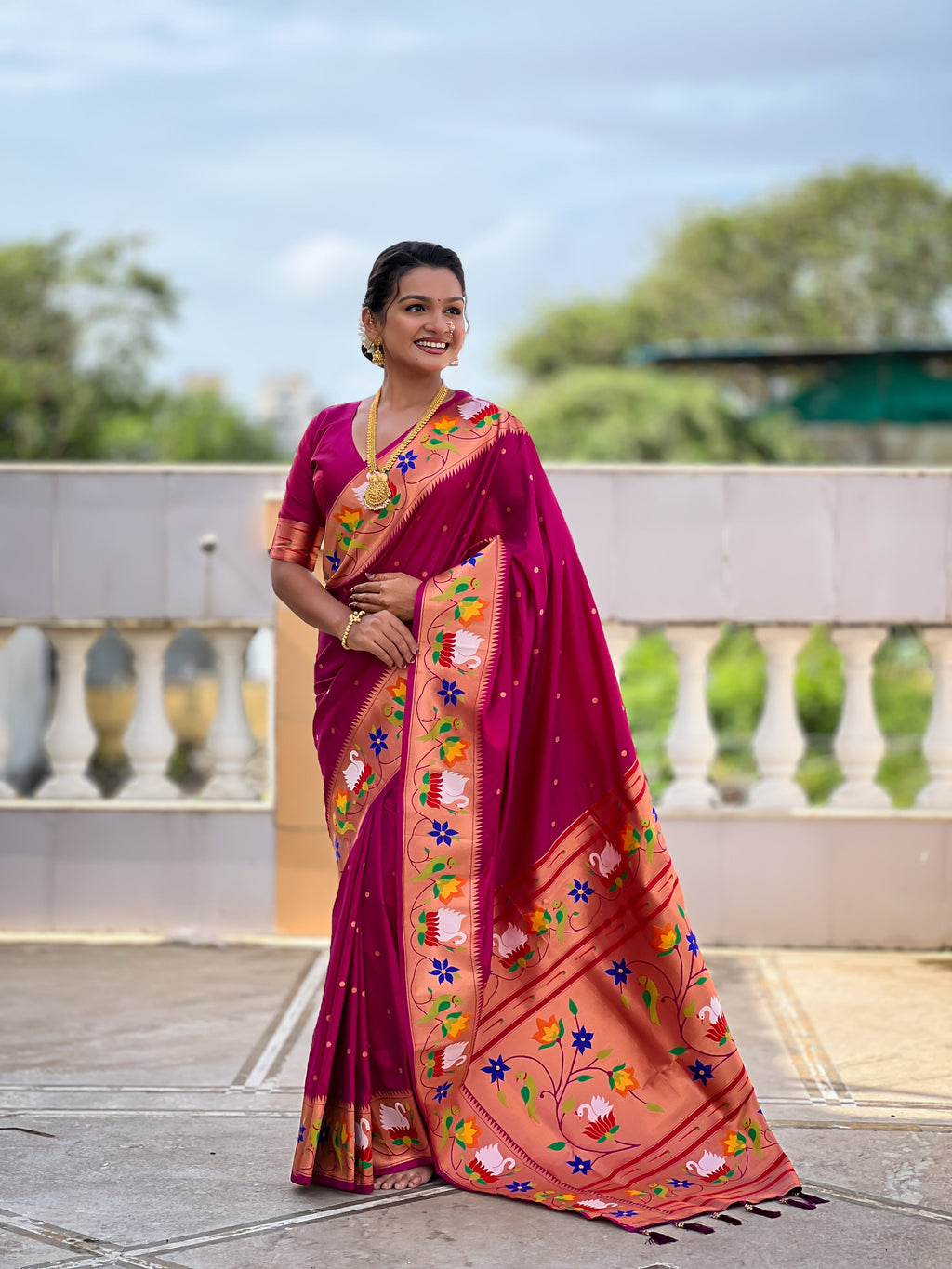 Mameraa Sarees Wine Faux Banarasi Silk Saree With Paithani Rich Weaved Pallu And Blouse-Wine | Grocsy