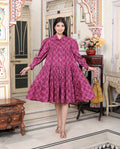 Miravan Women's Magenta Pure Cotton Long Puff Sleeve Gathered Tiered Loose Fit A-Line Dress | Grocsy