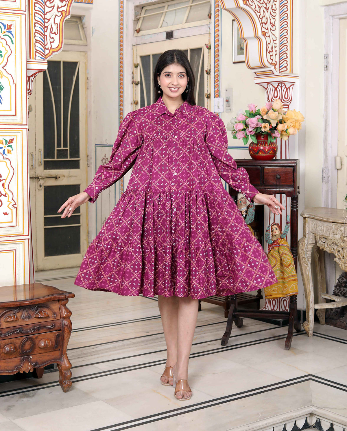 Miravan Women's Magenta Pure Cotton Long Puff Sleeve Gathered Tiered Loose Fit A-Line Dress | Grocsy