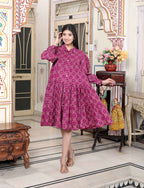 Miravan Women's Magenta Pure Cotton Long Puff Sleeve Gathered Tiered Loose Fit A-Line Dress | Grocsy